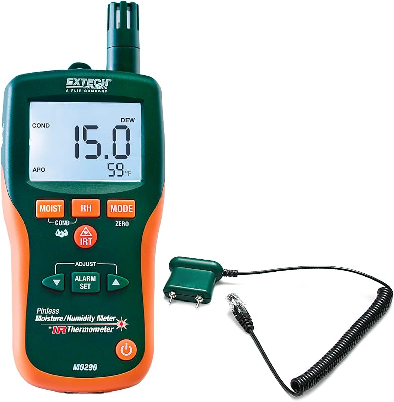 MO290 Pinless Moisture Psychrometer with IR Thermometer | 8-in-1: pin/pinless moisture, humidity, dew point, vapor pressure, IR 8:1 ratio, alarms, remote pin probe