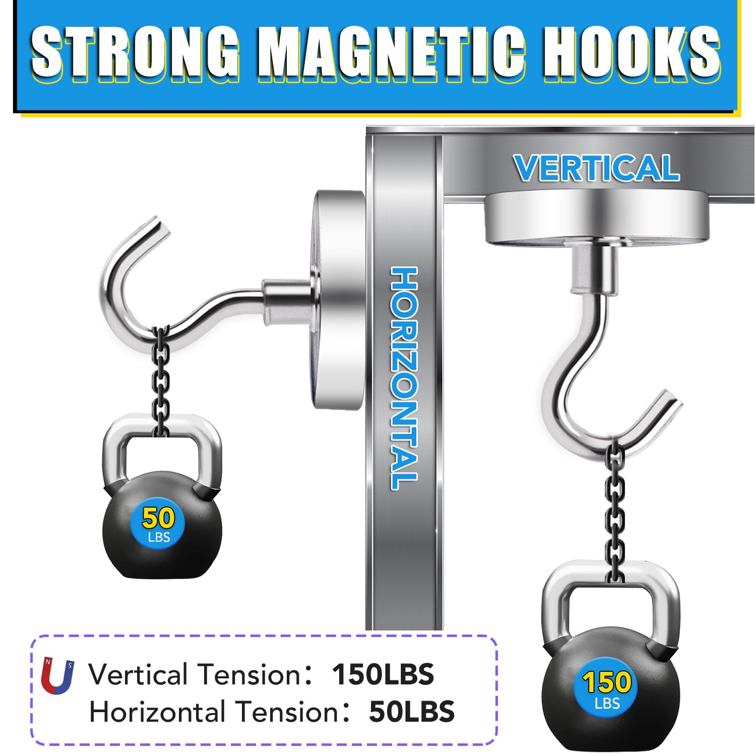 TRYMAG Wytrzymałe haczyki magnetyczne, 68 kg, mocne haczyki magnetyczne do kabin wycieczkowych, magnesy ziemne z haczykami do zawieszenia, neodymowe haczyki wiszące na lodówkę, skrzynkę narzędziową