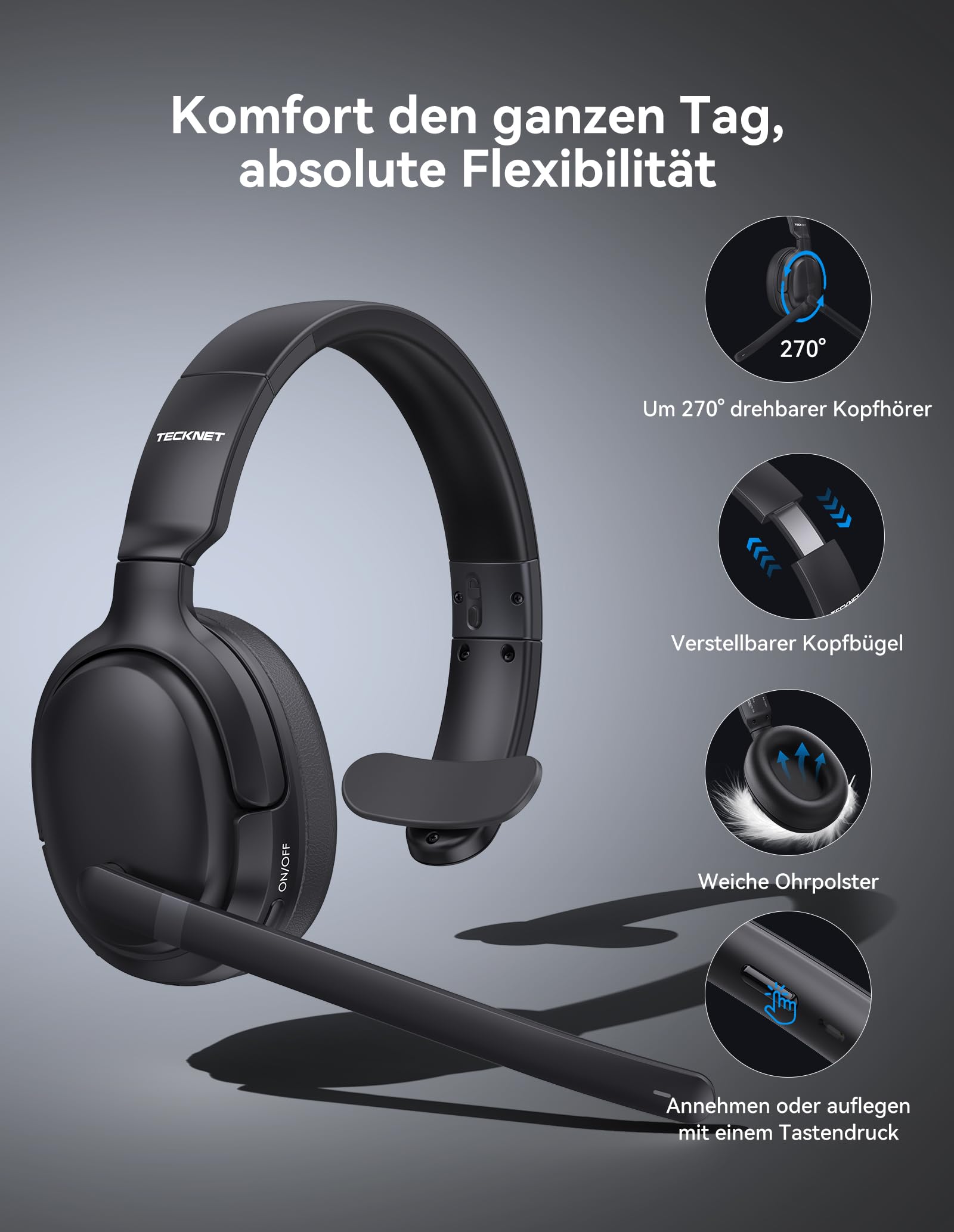 TECKNET Wireless Headset, V5.4 Bluetooth Headset mit Mikrofon, Mono/Stereo 2-in-1, 65+ Std. Akku, Over-Ear Headset mit USB-A Empfänger, Kabellos Kopfhörer Für Büro/Trucker/Fernarbeit/Callcenter