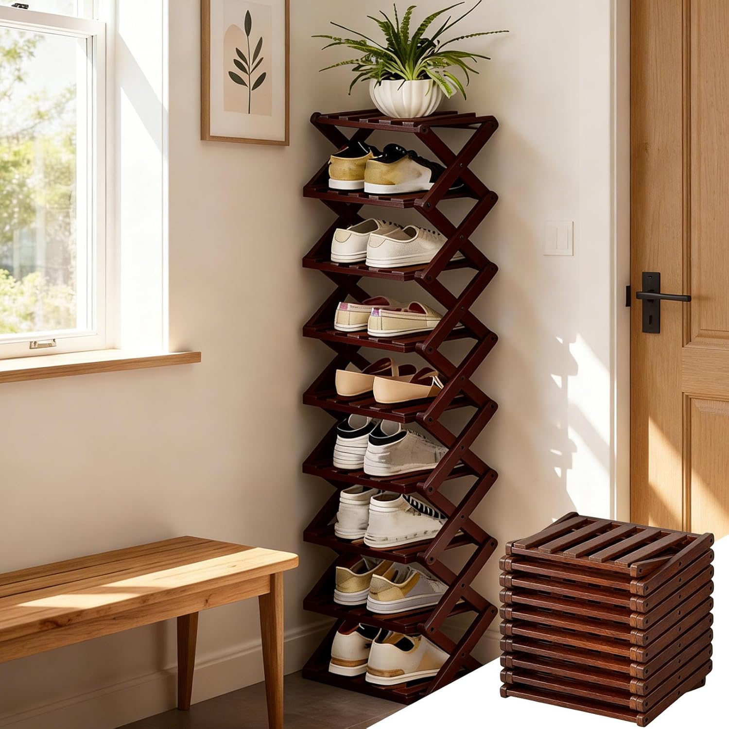 The 9-Tier No-Assembly Bamboo Rack, 2/3/4/5/6/7/8/9 Foldable Bamboo Shoe Rack, Lightweight & Easy to Store, for Entryway, Closet (Brown,7 Layers)