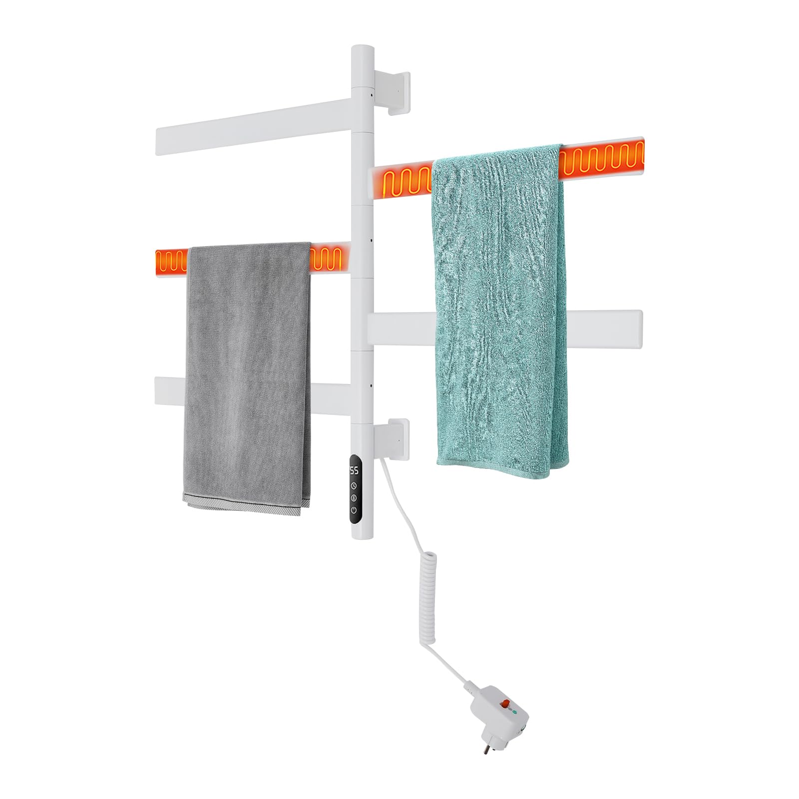 Scaldasalviette elettrico girevole a 180°, intelligente LED touch screen, portasciugamani rotante, per bagno, montaggio a parete, scaldasalviette (bianco)
