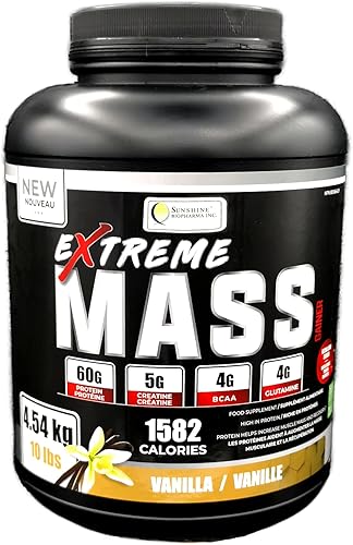 Extreme Mass Vanilla10 libras (10.0lbs) de Sunshine BioPharma, mezcla de proteínas ganadoras de masa que da alta calorías, suero de leche, BCAA,