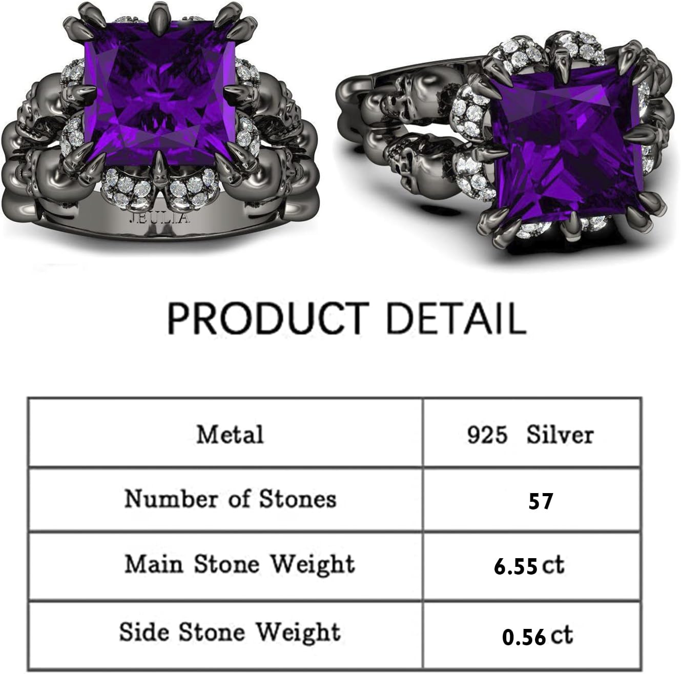 Jeulia 6.55 Carat Personalized Princess Cut Diamond Rings for Women Sterling Silver Double Row Halo Engagement Rings Black Plated Bridal Band Rings Anniversary Promise with Jewelry Gift Box