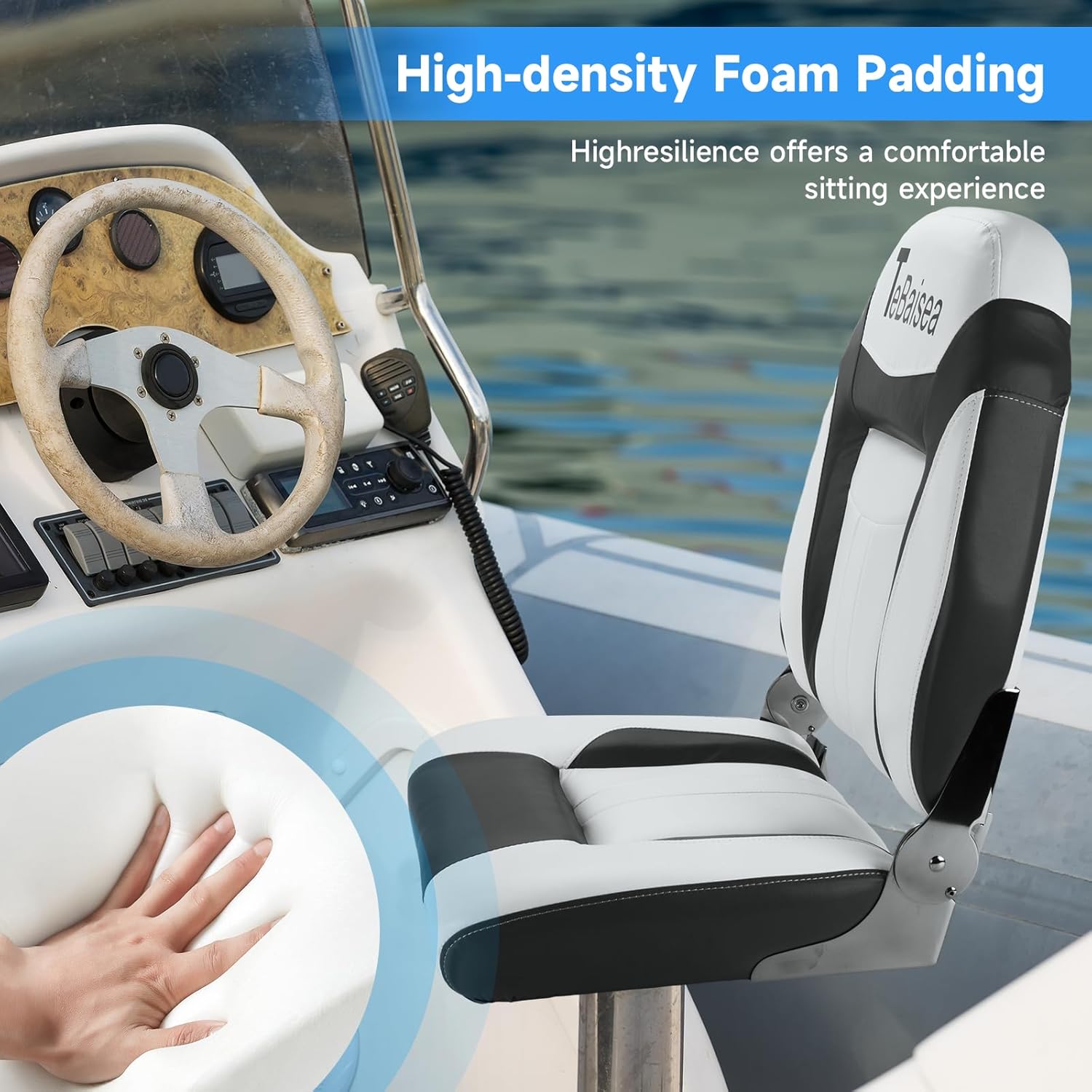 2pcs Boat Seat, Fishing High Back Seat, Folding Boat Seat, Microfiber Leather Seat Wear Resistant Waterproof Sunproof 316 Stainless Steel Hinge (Black+White)