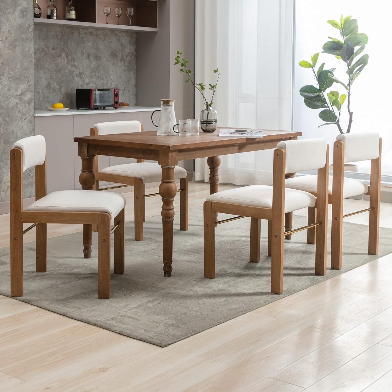 CIMOTA Mid Century Modern Dining Chairs Set of 4, Fabric Linen Kitchen Dining Room Chairs with Adjustable Back/Wood Frame/Upholstered Cushion/Farmhouse Style, Beige Linen Beige 4PCS