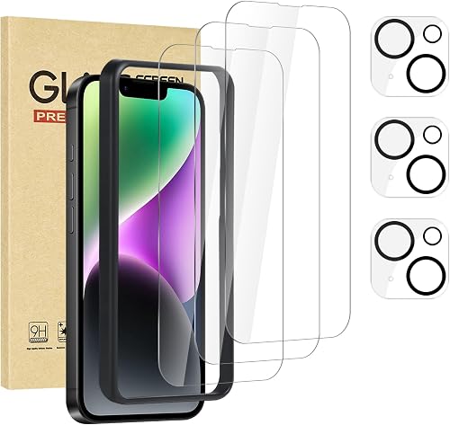 Jngnpn 3 Pack Screen Protector for iPhone 14 with 3 Pack Camera Lens Protector w