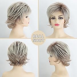 TISHINING Pixie Cut Short Blonde Curly Wigs for White Women Fluffy Layered Dark Brown Ombre Blonde Pixie Wig with Bangs Natural Looking Synthetic Daily Party Wig