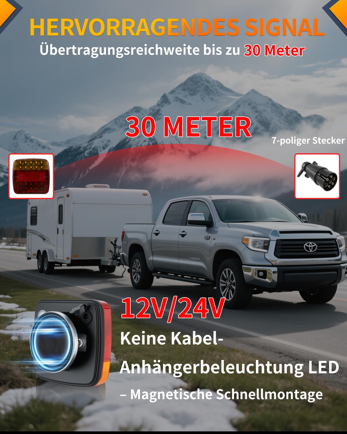 Anhänger Rückleuchten magnetisch drahtlos, Anhänger Rückleuchten mit Fahr-/Blink-/Bremslicht, starke Durchdringung bei Regen, 7-Pin 12V-24V, für Anhänger, PKW, LKW, Lastwagen, Wohnmobile
