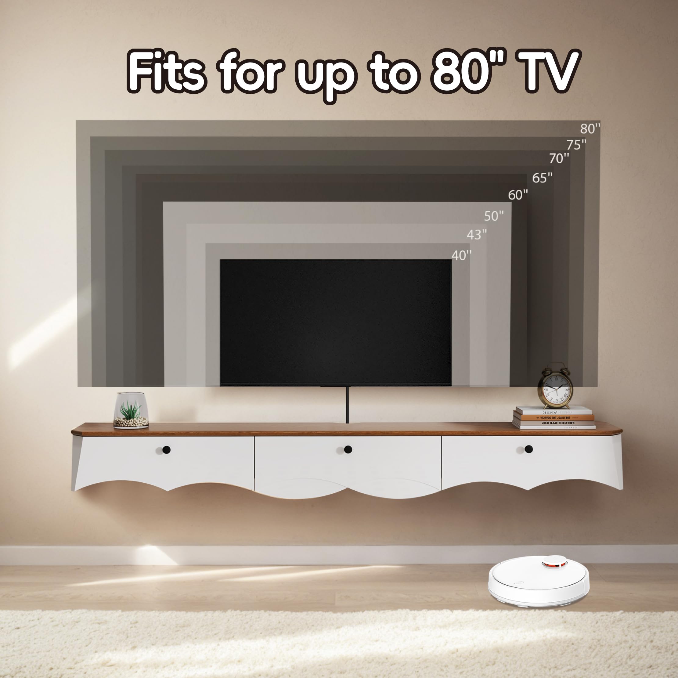 Soporte de TV flotante de alto grosor con 3 cajones, estante de TV montado en la pared de 70 pulgadas, consola de TV flotante, armarios de TV flotantes con cajones, estante debajo de la TV 8