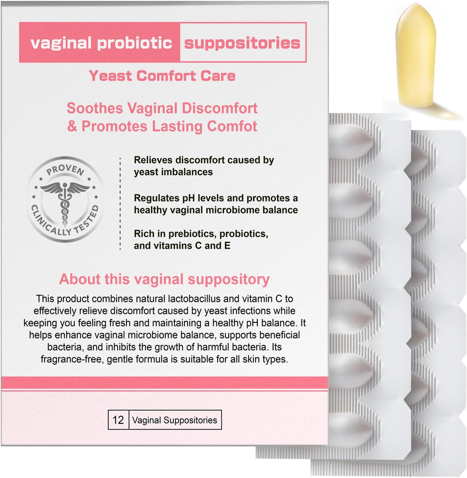 Nahid Vaginal probiotic Suppository, hyaluronic Acid Suppositories, Vaginal moisturizer, PH Balance, Restores Healthy Vaginal Odor, Yeast Comfort Care (12 Inserts)