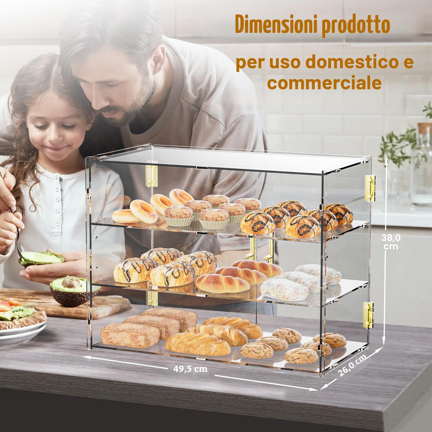 Vetrina da banco a 3 livelli con sportello automatico elastico, 49,5 x 37,8 x 26,2 cm, vetrina per pasticceria in acrilico, per pane, dessert, biscotti