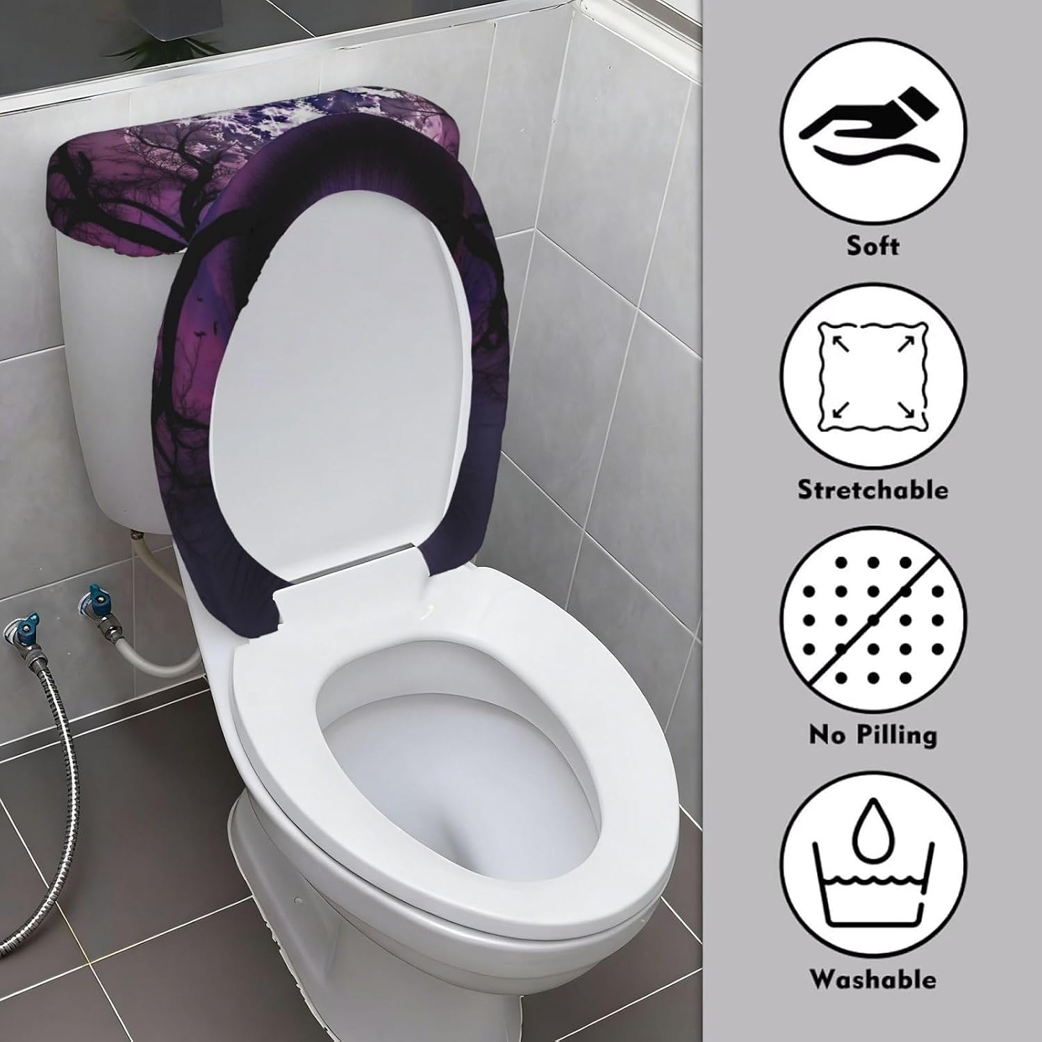 2 Pcs Toilet Lid Cover and Toilet Tank Lid Cover, Washable Toilet Cover with Elastic Bottom Replacement Soft Stretch Toilet Seat Cover Set Purple Moon Night Sky Bathroom Decor
