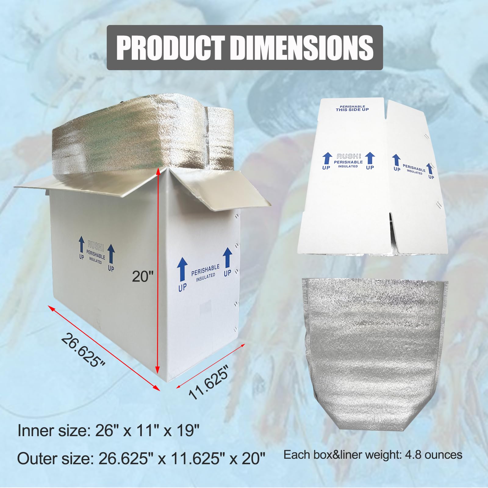 Caja de envío aislada de 26 x 11 x 19 pulgadas para alimentos congelados, paquete de 4 cajas de envío en frío, reutilizables, perecederas, para enviar por correo, cartón aislado con forro de bolsa