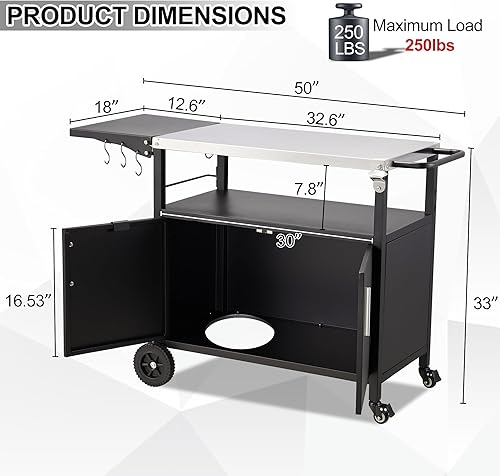 Miniatura 5 de Spurgehom Carrito de parrilla al aire libre, mesa de soporte para horno de pizza con parte superior de acero inoxidable mesa de preparación de
