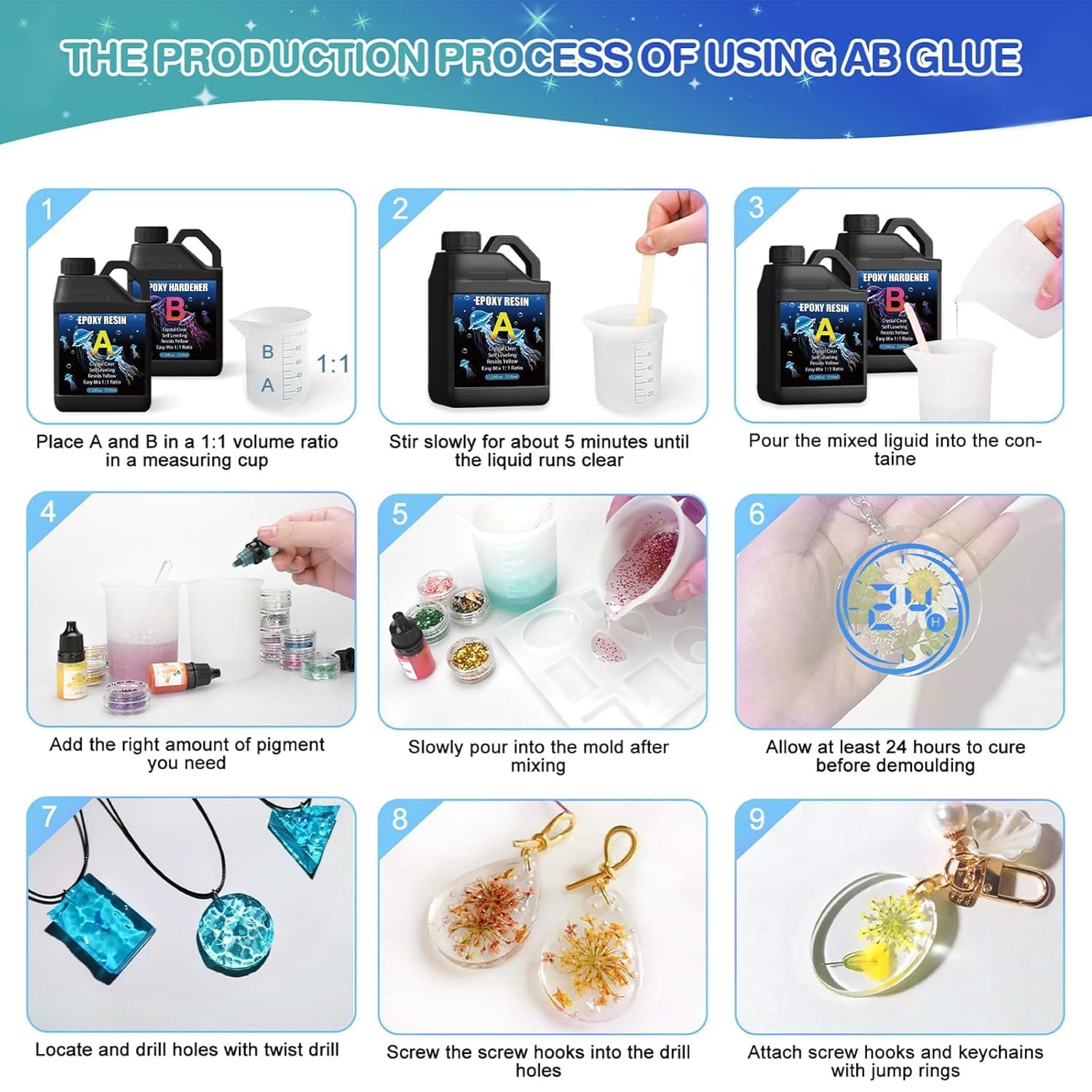 TOSUTO Resina Epoxi Manualidades Kit para Hacer llaveros,Kit de Resina Epoxi,Kit Resina Epoxi Transparente,Resina Epoxi Kit con pintura,hoja de oro, Epoxy Resin para Hacer Llavero,Joyas