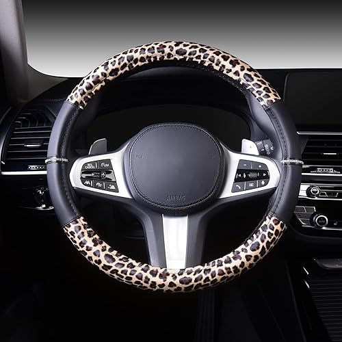 Miniatura 3 de AUTOYOUTH Funda de cuero de leopardo para volante para mujeres y niñas con diamantes de imitación brillantes antideslizantes, lindo protector