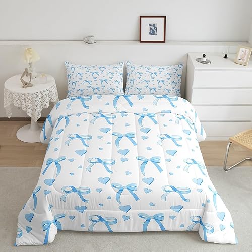 meiyoeat Cute Blue Bow Comforter Set Full Size Kids Bowknot Heart Bedding Set Gi