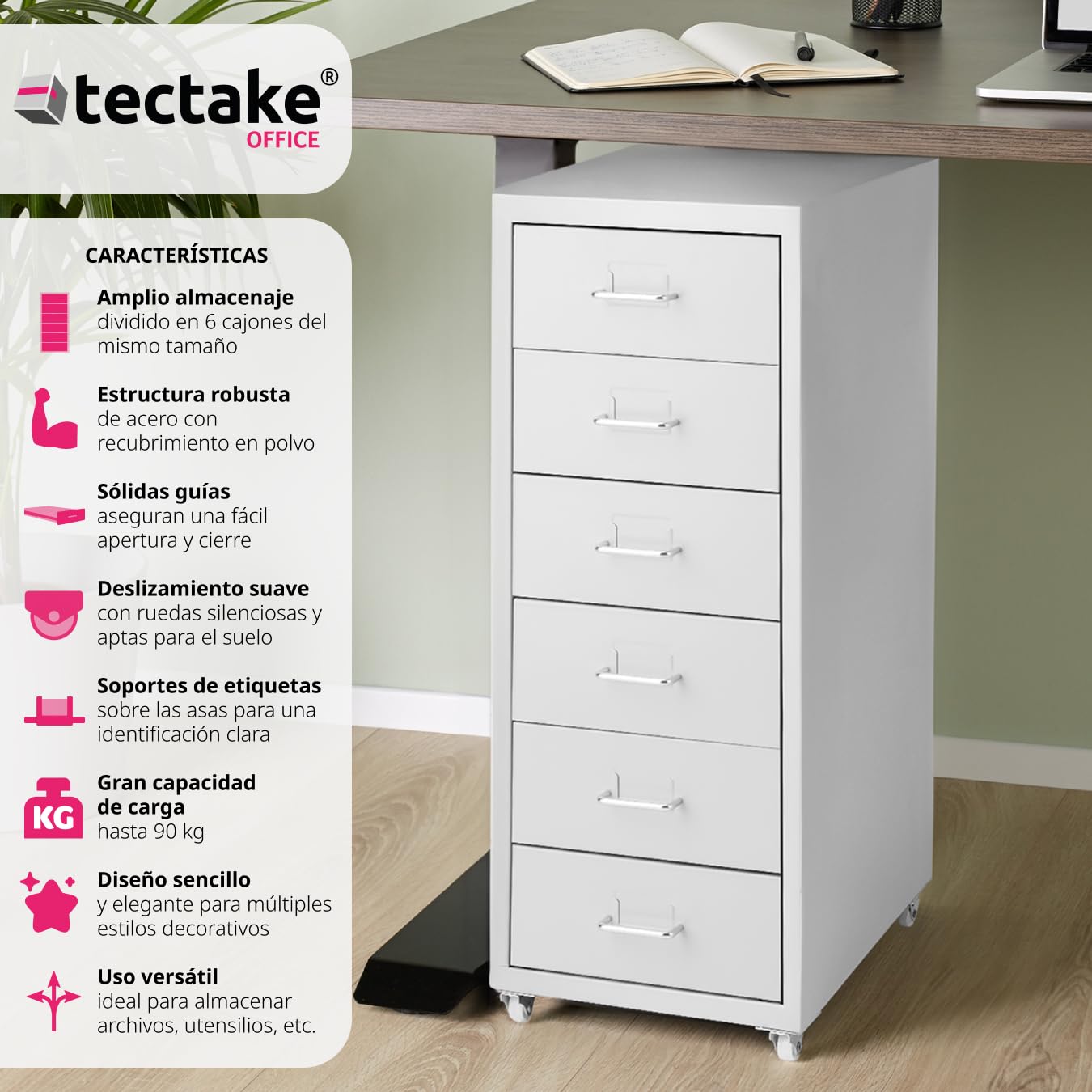 tectake® Cajonera 41x28x69 cm con Ruedas de Metal, 6 Cajones para Almacenamiento, Oficina y Despacho, Cajonera Escritorio, Cajoneras, Armario Interior, Armario Bajo - Gris Blanco