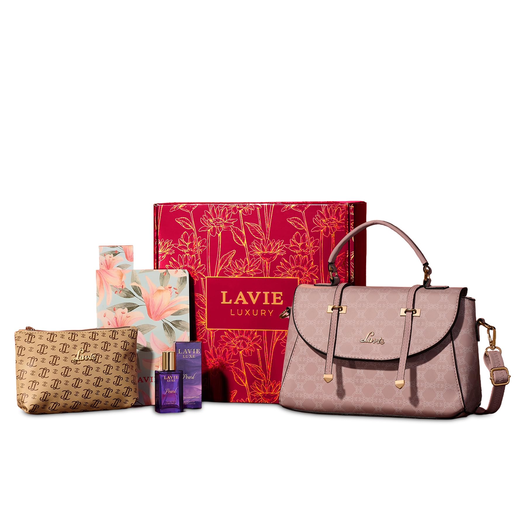 Lavie Scarlet Gift Box for Women | Handbag, Perfume, Utility Pouch & Diary | Ideal Festive Gift for Friends | Handcrafted Accessories (Pack of 4)-image-2