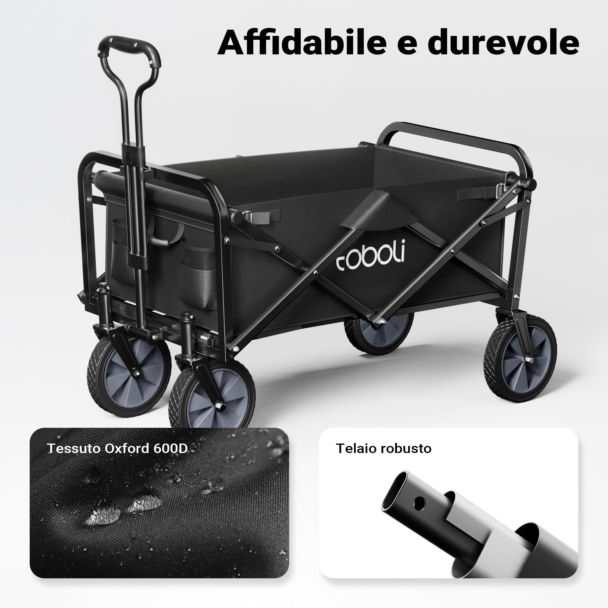 Carretto a mano pieghevole, max 100 kg, tessuto impermeabile nero e manico telescopico, Carrello spiaggia