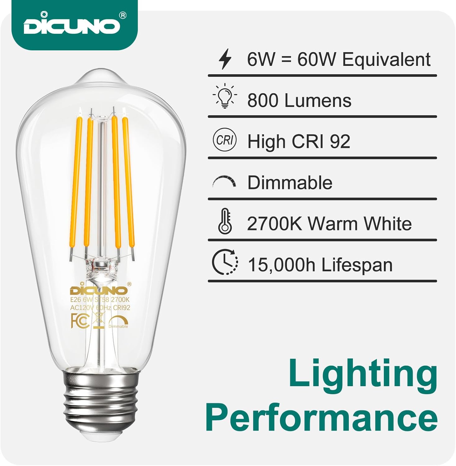 DiCUNO E26 Edison LED Bulb 60W Equivalent, ST58 Edison Bulbs Dimmable, Warm White 2700K, High CRI of 92, 800lm, 6W Vintage LED Lights for Home, E26 Base, Clear Glass, 6-Pack