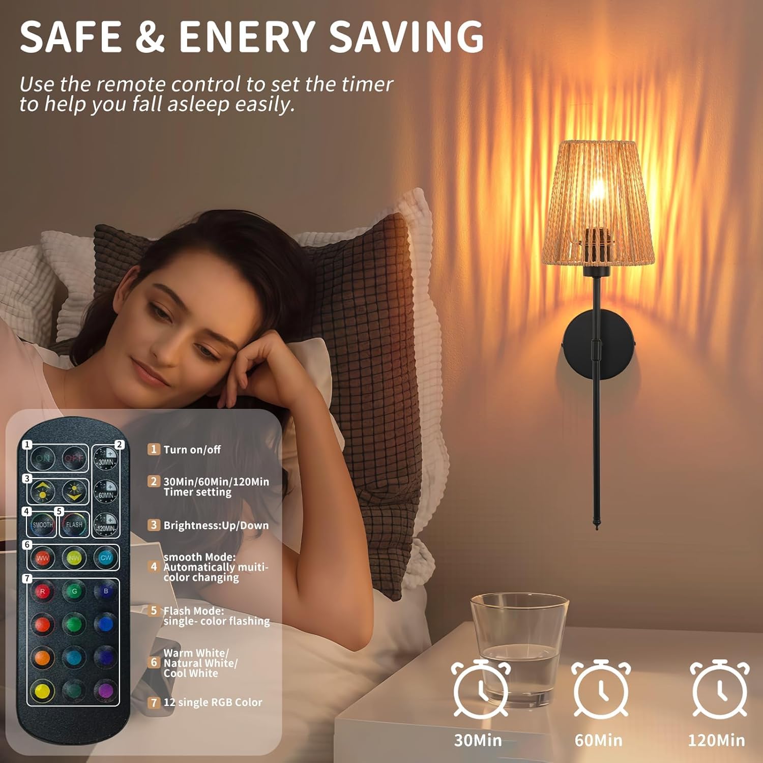 Lampada da Parete Boho in Rattan per Interni, alimentata a Batteria con Telecomando, Lampada retrò dimmerabile RGB, Paralume Ricaricabile Tramite USB, Non necessita di Collegamento
