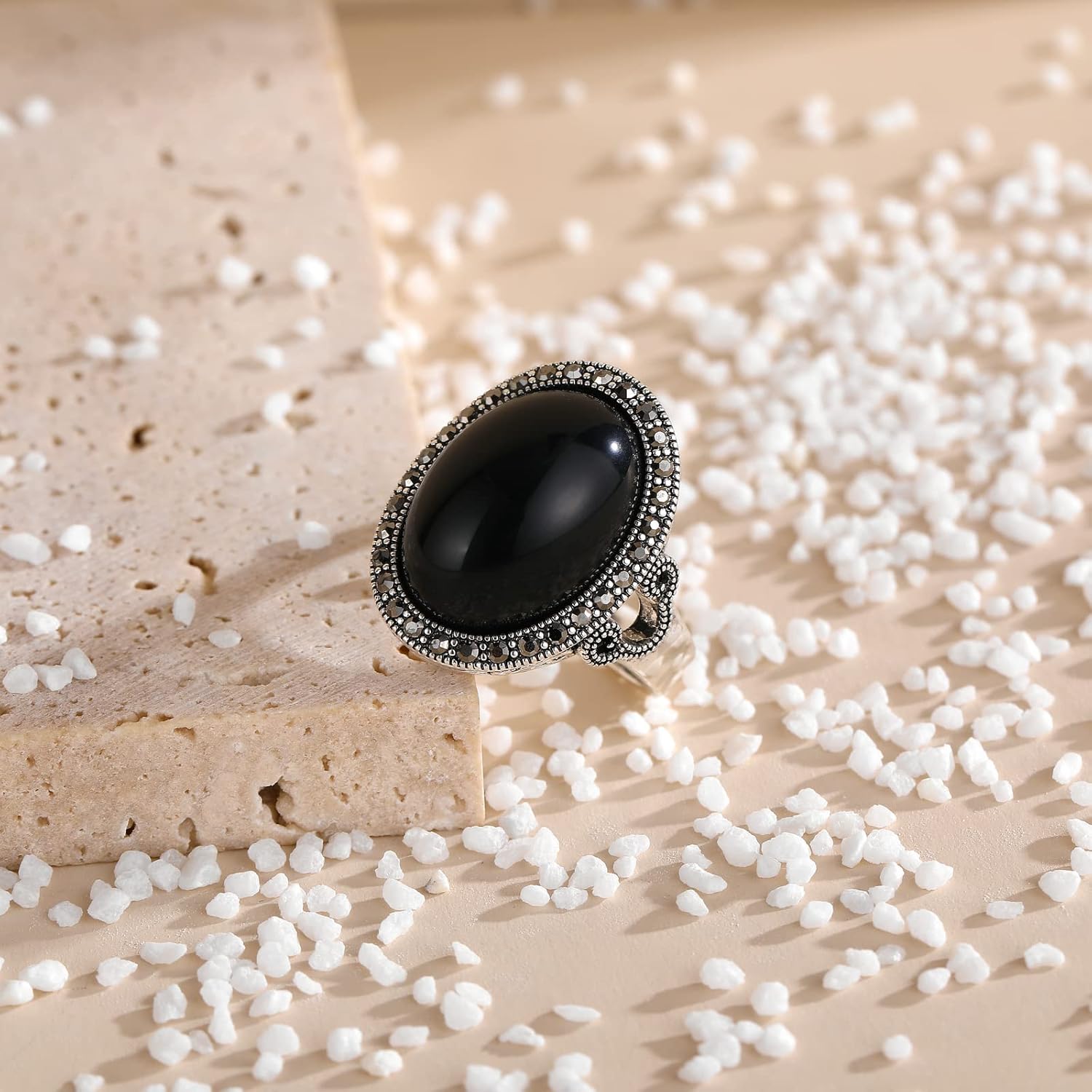 Black Retro Marcasite Rings for Women, Fashion Cocktail Statement Rings Costume Vintage Crystal Big Onyx Stone Rings Jewelry for Her - Image 6