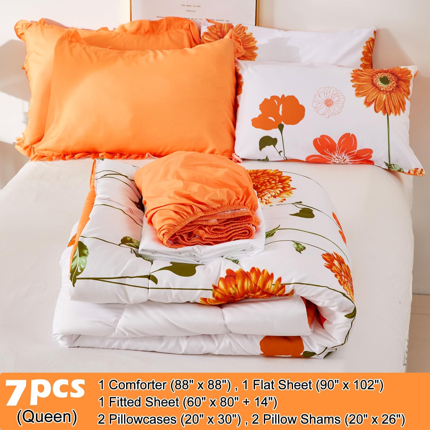 EVENHUG Queen Comforter Set 7 Pieces Reversible Queen Size Comforters for All Season Orange Sunflower Floral Bedding Sets Bed in a Bag with Flat Sheet and Fitted Sheet,Pillowcases & Shams (88"x88") - Image 7
