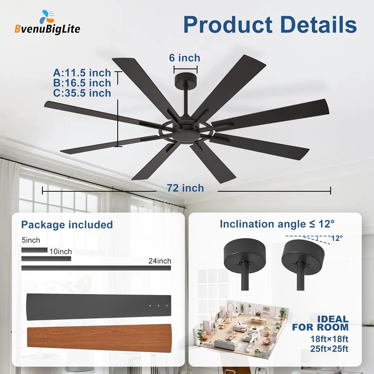 Large Ceiling Fan No Light: Modern 72 Inch 8 Blade Outdoor Ceiling Fans with Remote APP Control - Black Big Fan without Light Indoor Reversible 6 Speed Quiet DC Motor - Image 2