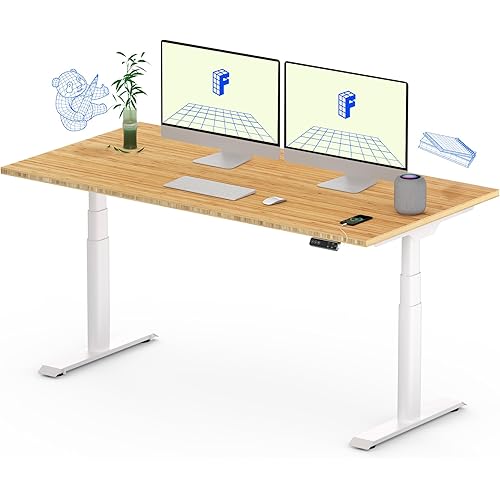 FLEXISPOT E6 Pro Oval Leg Dual Motor 3 Stages Bamboo Electric Standing Desk 55x28 Inch Whole-Piece Board Height Adjustable Electric Sit Stand Up Desk (White Frame + Bamboo Desktop)