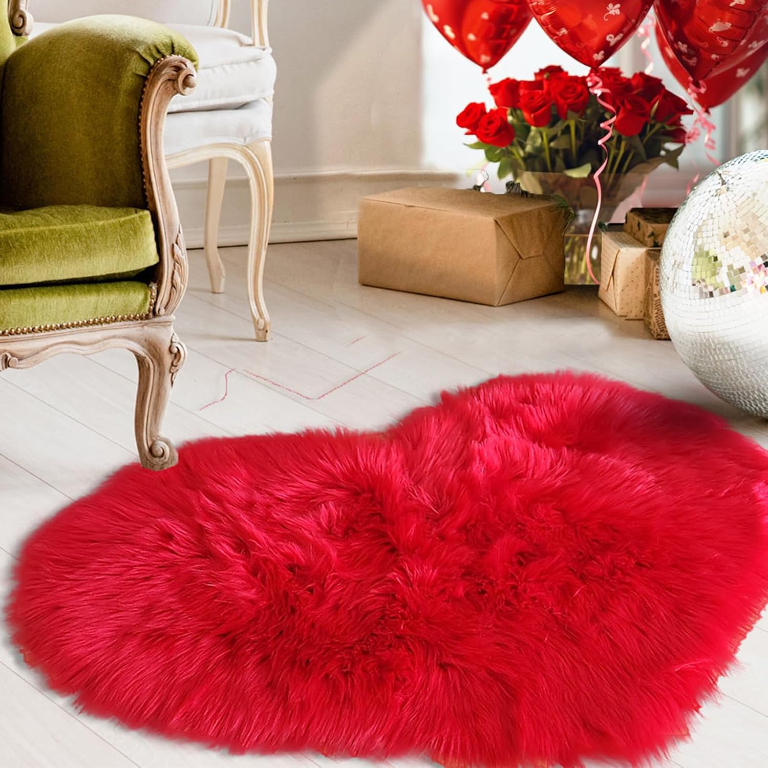 YRXRUS Valentines Heart Rug, Red Heart Shaped Rug, Fluffy Faux Fur Rugs, Shag Mats for Bedroom Living Room, Love Coquette Room Decor 2x3 Ft