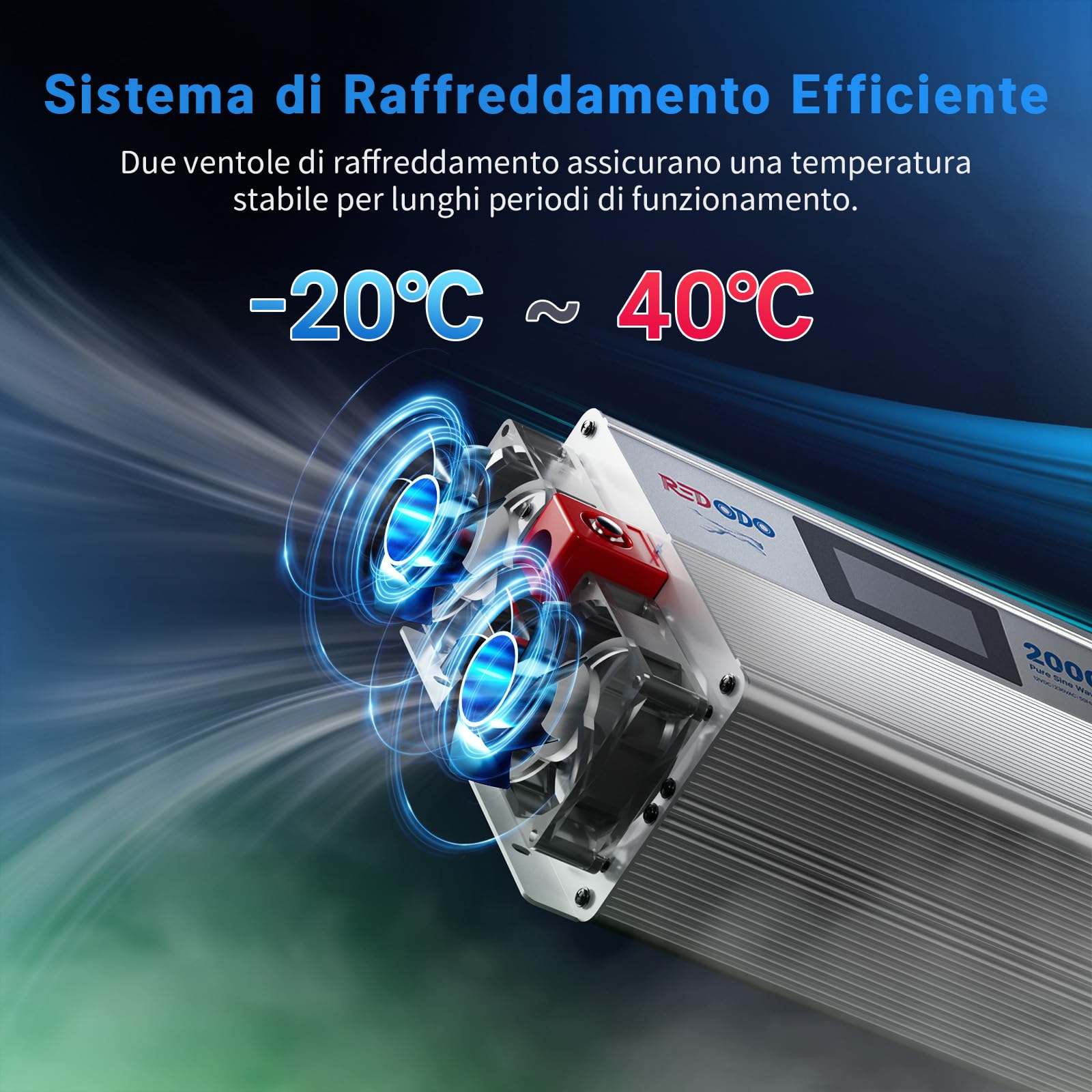 Redodo Pure Sine Wave Inverter 2000W 2V DC a 230V AC Converter per Womo, Camping, Inverter di Energia Solare con 2 Uscite AC, Schermo di Monitoraggio con Visualizzazione dello Stato in Tempo Reale
