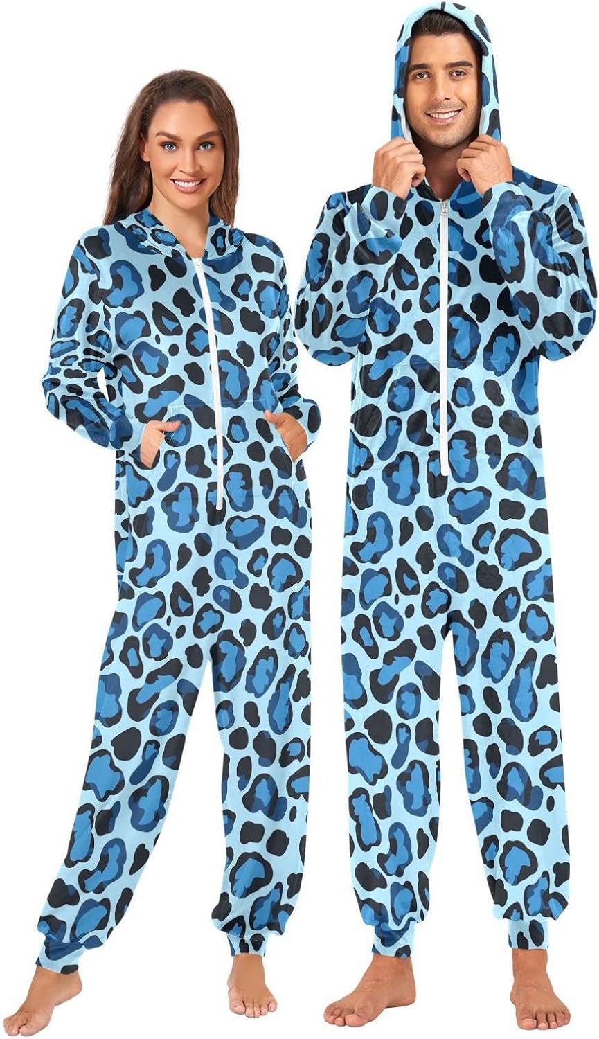 ZZKKO Blue Leopard Adult Onesie Pajamas for Women Men Cozy One Piece Pajamas Costume Zip-Up Hooded S-XL