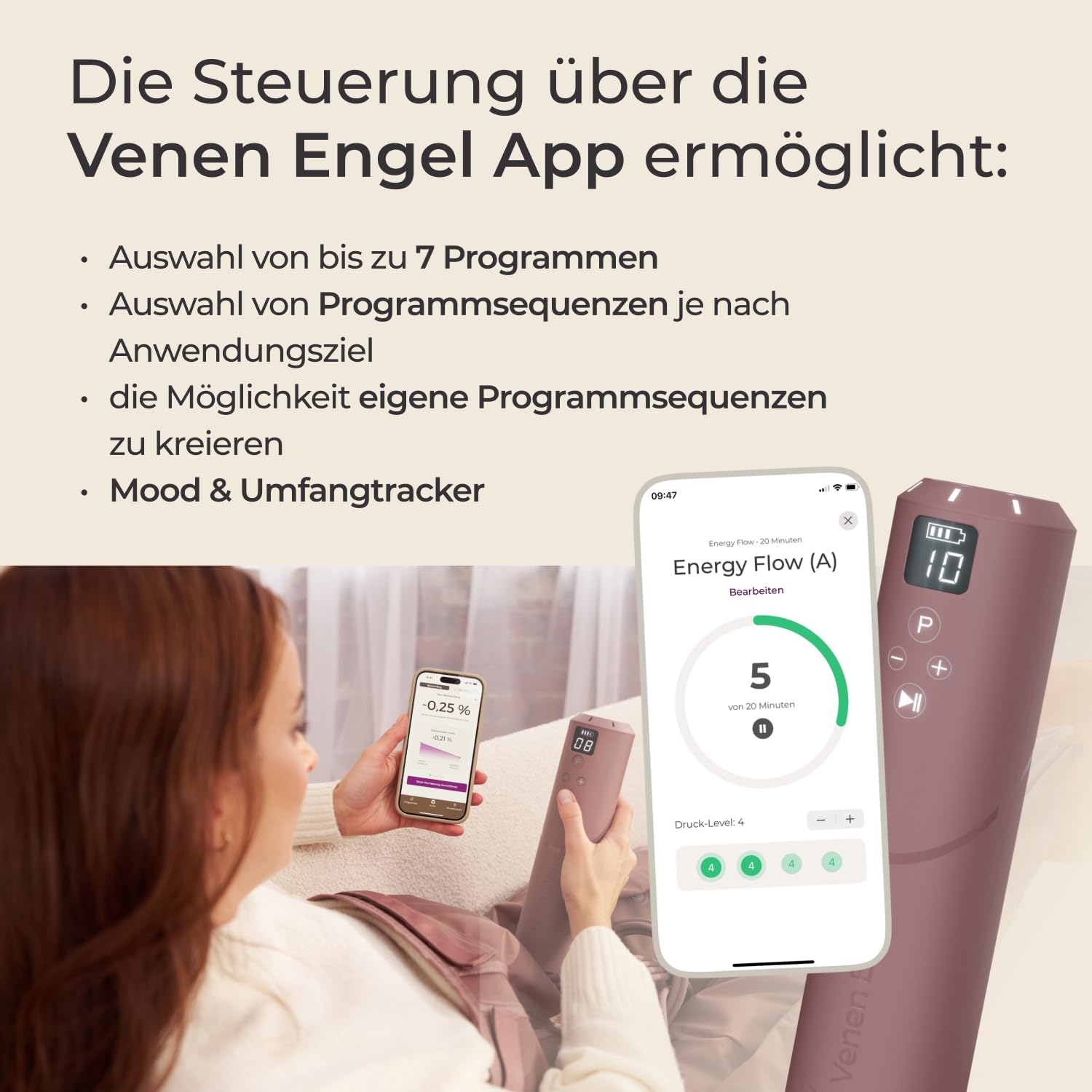 Venen Engel Plus – Premium Kompressionsmassagegerät mit Lymph-Flow Pants | 3 Beauty-Programme | Luftdruck-Beinmassage von Fuß bis Bauch für bessere Durchblutung, Hautstraffung & leichteres Gefühl
