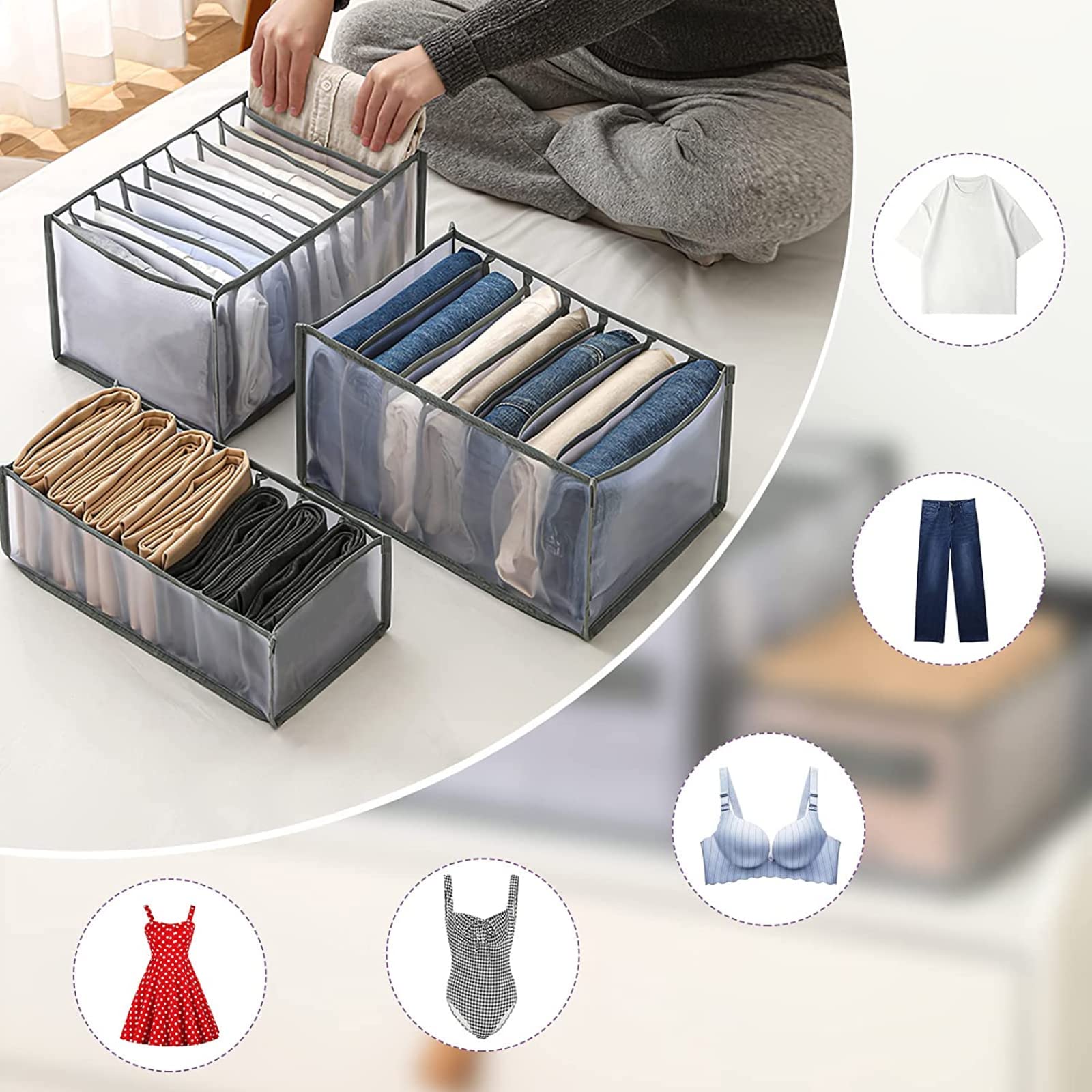 KKNE Organizzatore Per Cassetti 2 Pezzi Grigio - Contenitore In Rete Traspirante Per Magliette, Biancheria, Calzini - 2