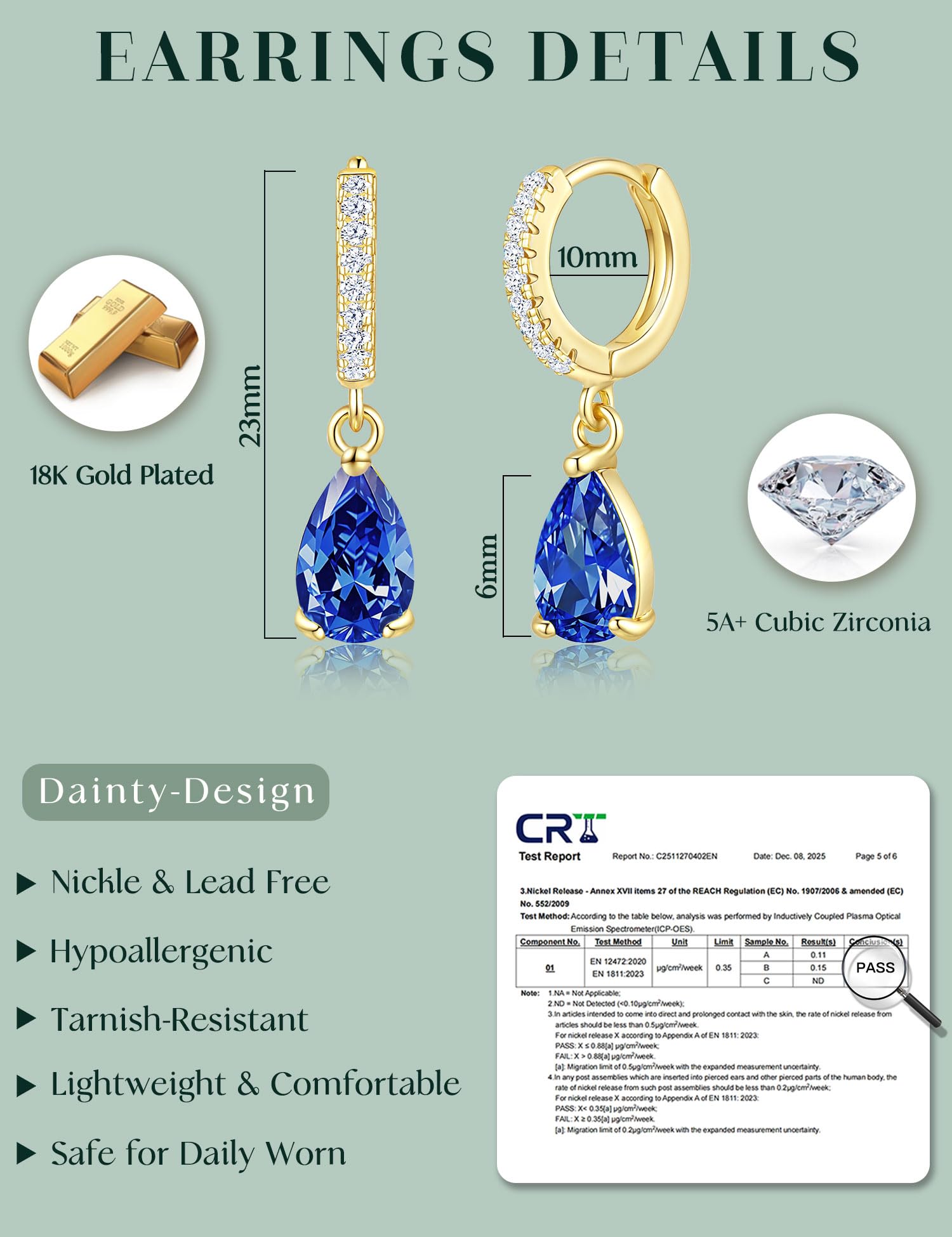 ZNBOH Orecchini Pendenti Donna Oro Placcato 18K Anallergici Piccoli Orecchini con Zirconi Pietra di nascita Smeraldo Acquamarina Ametista Moissanite Piercing Orecchio Cerchio Gioielli Regalo Donna