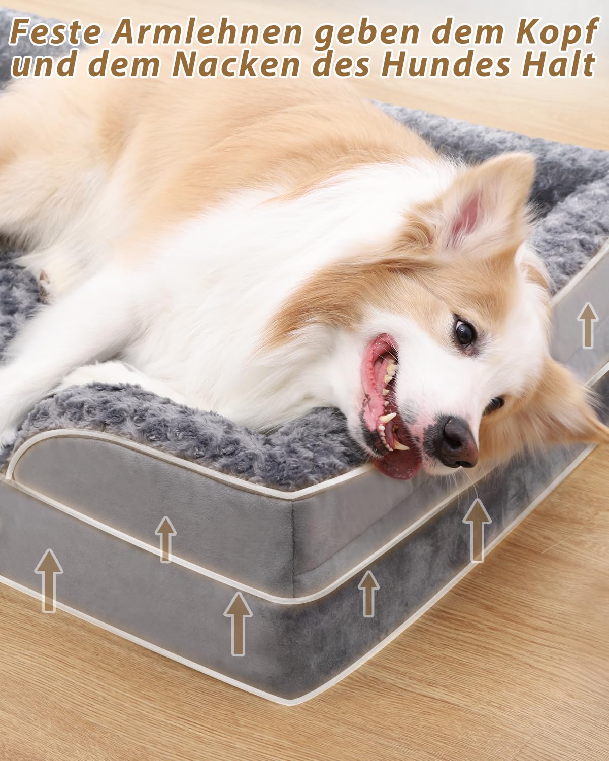 KSIIA Hundebett Grosse Hunde Orthopädisches, Bezug der Basis Armlehnen abnehmbar waschbar, Wasserdicht Innenfutter, XL-Plus Hundesofa Hundekorb erhöhte Ränder rutschfeste Unterseite, Hundecouch grau