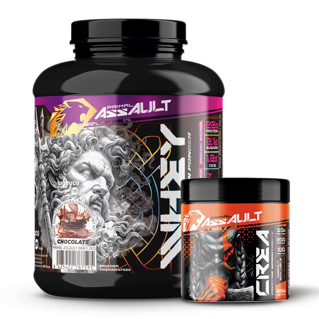 Proteína WHEY Sabor Vainilla 2 kg + Creatina Monohidrato en Polvo Sin Sabor 300 g (PRIMAL ASSAULT Proteína WHEY Chocolate 2 kg + Creatina Monohidrato en Polvo Sin Sabor 300 g)