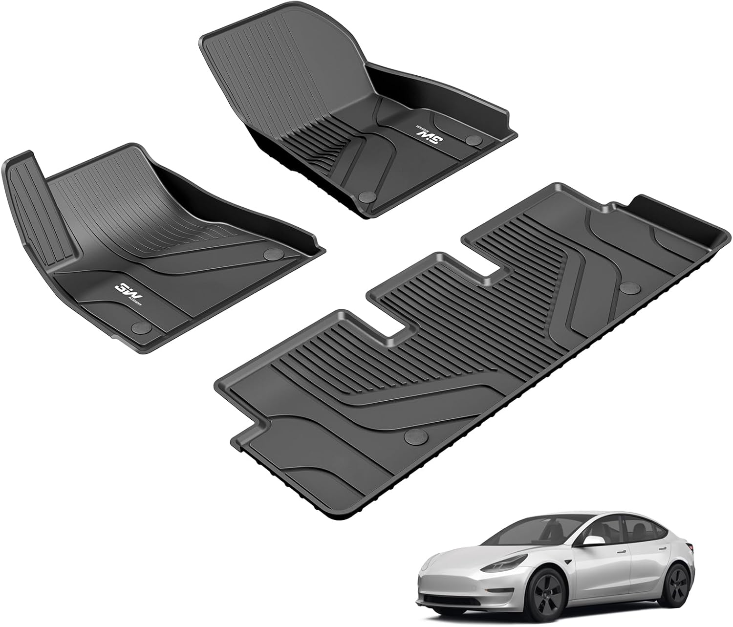 3W Car Floor Mats for Tesla Model 3 2017-2023, TPE All Weather Floor Mats for Tesla Model 3 the 1st and 2nd Row Full Set, Dog Friendly, Accessories, Black