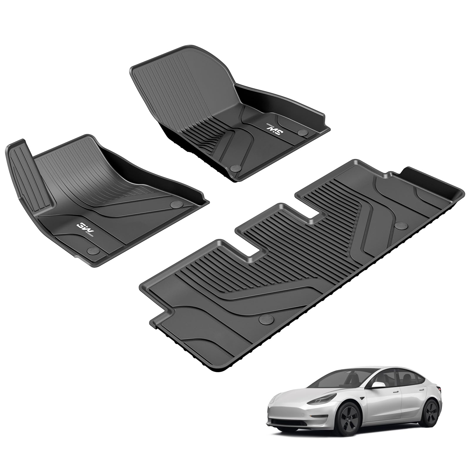 3W Alfombrillas de Coche para Tesla Model 3 2017-2023, TPE Alfombrillas para Todo Tipo de Clima para Tesla Model 3 la 1ª y 2ª Fila Juego Completo, Admite Perros, Accesorios, Negro