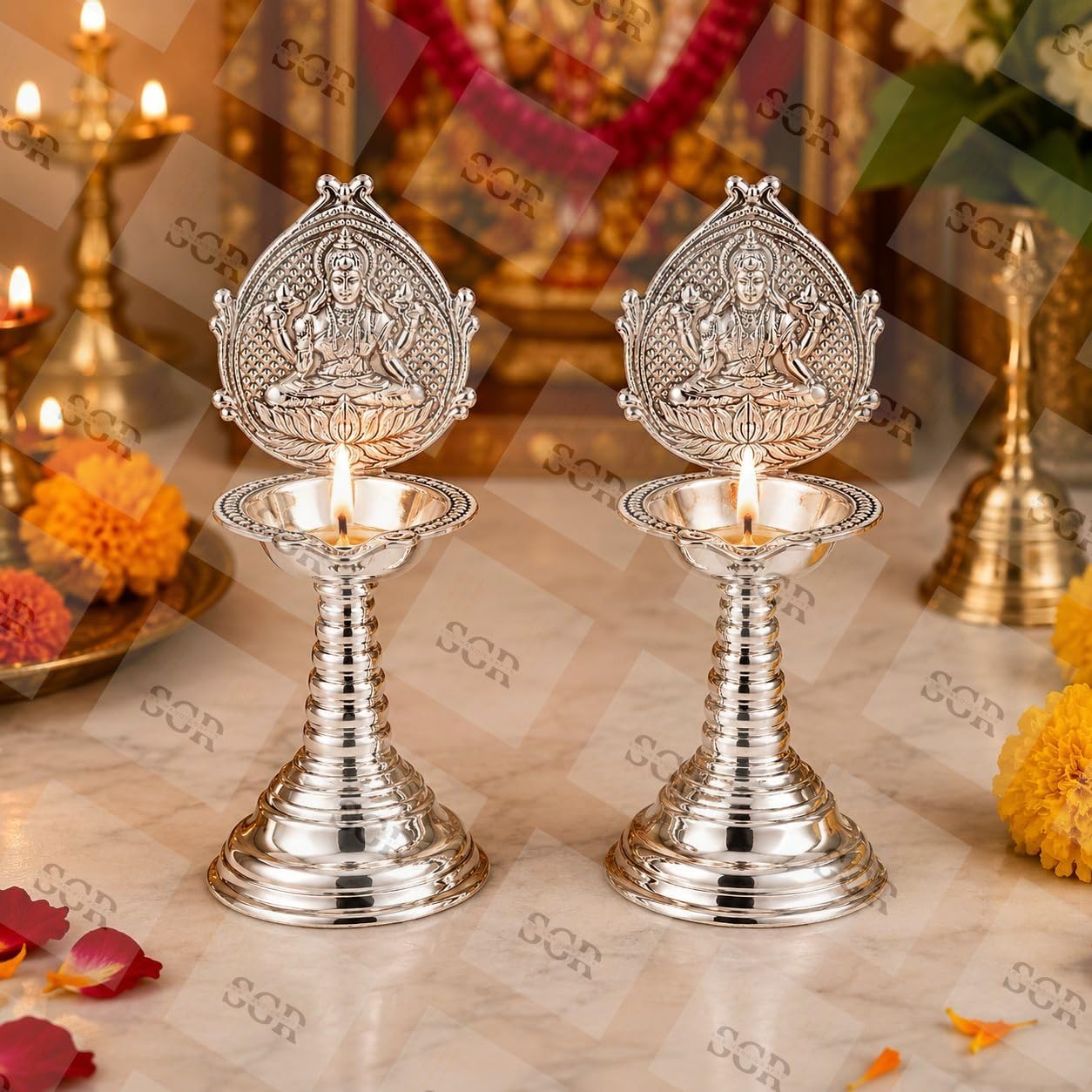 German Silver Lakshmi Deepam for Pooja Set of 2 | Decorative Oil Diyas for Home Temple, Mandir, Diwali, Varalakshmi Vratham, Navratri, Karthigai Deepam & Festive Decor-image-47