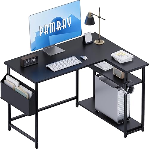 Pamray Escritorio para Computadora en Forma de L de 40 Pulgadas con Estantes de Almacenamiento Laterales Reversibles, Escritorio de Esquina Pequeño