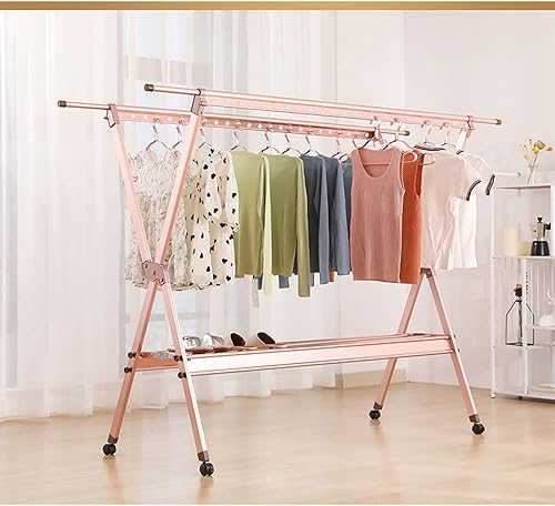 Miniatura 7 de UNNS Estante de secado plegable de acero inoxidable, colgador plegable telescópico para ropa, barra de ropa de doble barra, estante de secado de