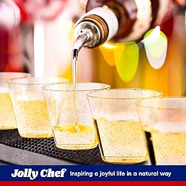 JOLLY CHEF 50 Pack 9 oz Glitter Plastic Cups, Disposable Gold Cups, Clear Plastic Tumblers for Weddings Thanksgiving, Christmas Parties