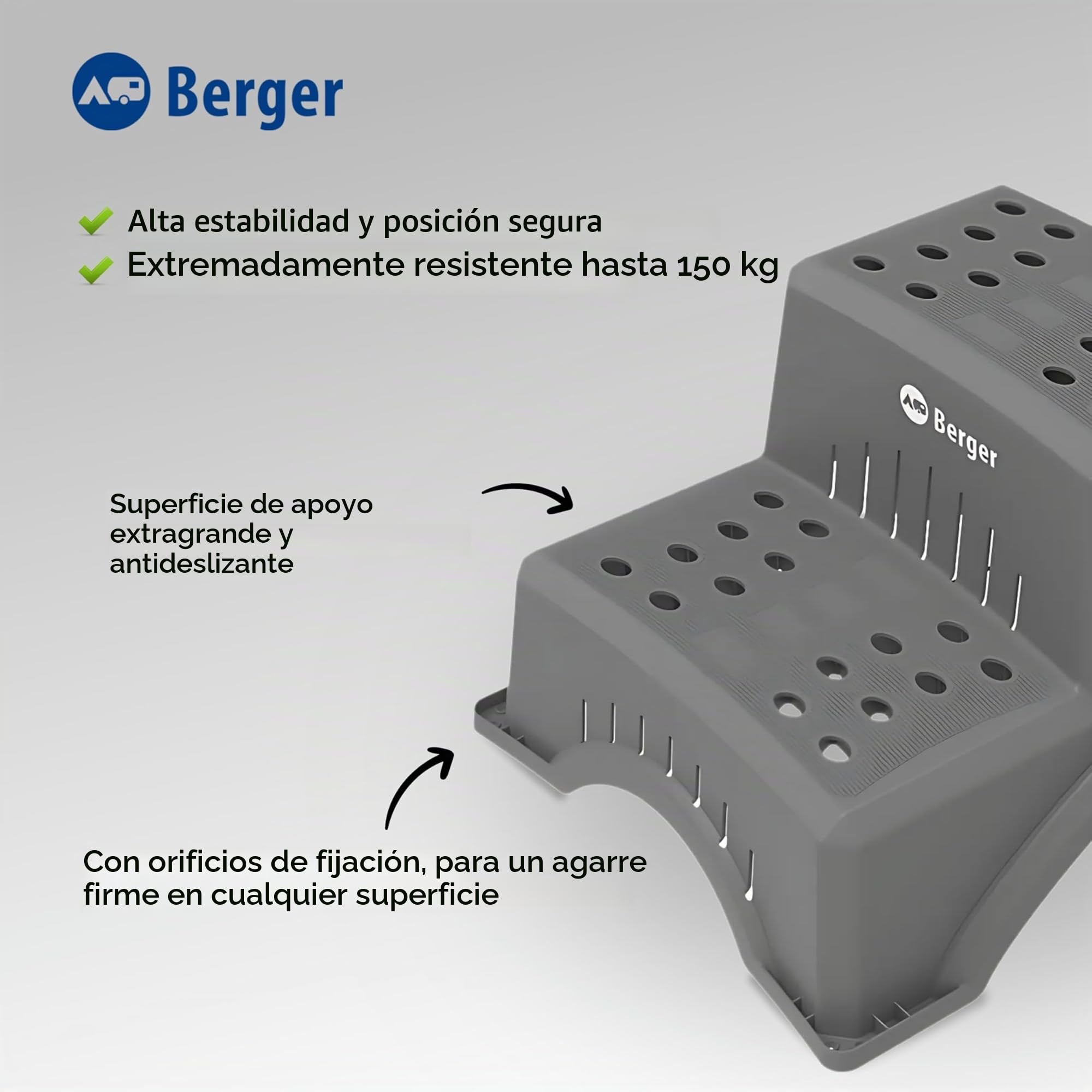 BERGER | Escalón Doble para Caravanas - Escalera Caravana Estable, Robusto y Antideslizante, Soporta hasta 150 Kg, Ideal para Autocaravanas y Caravanas