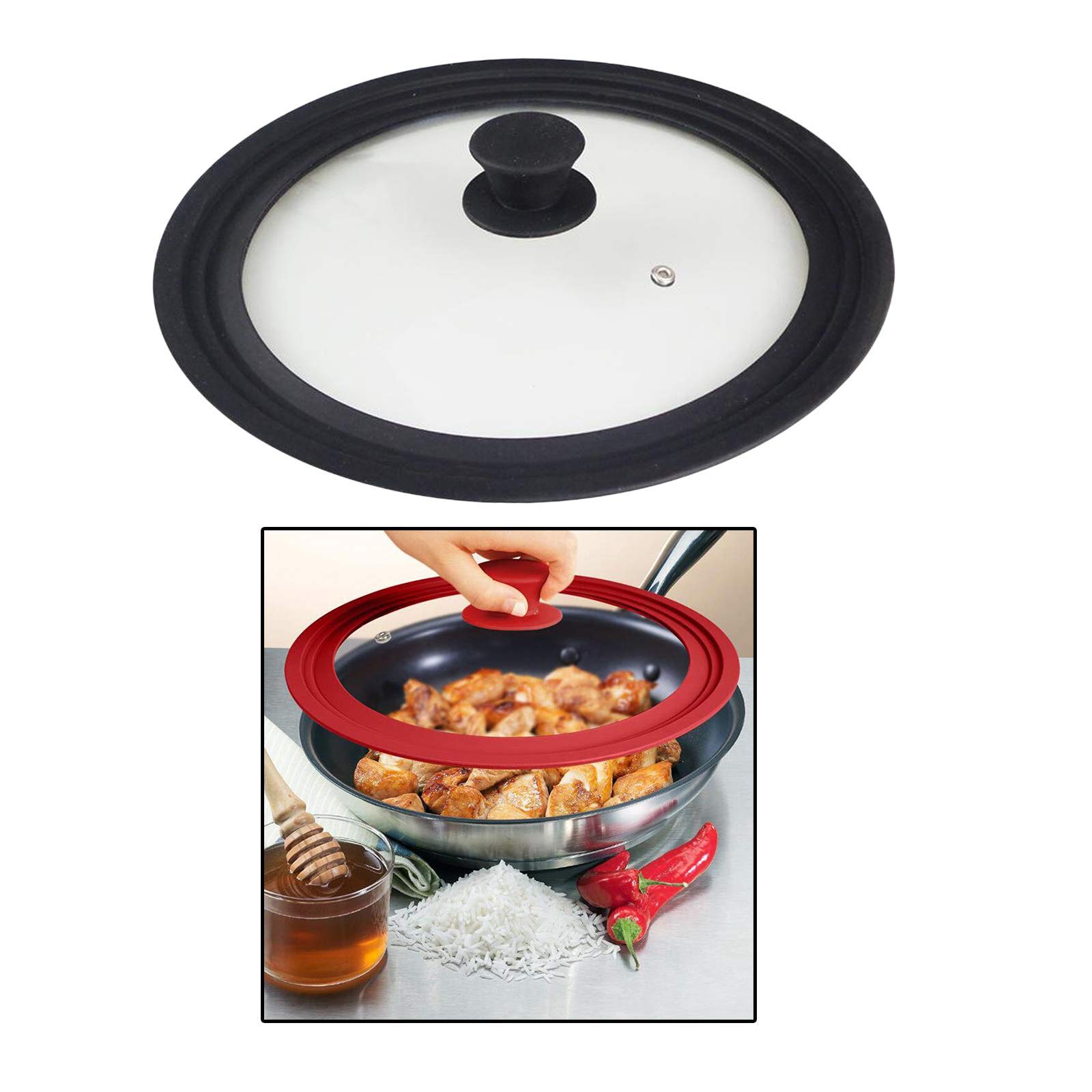 Cubiertas universales de silicona para tapa de vidrio para ollas, sartenes, utensilios de cocina, tapas de repuesto (negro, 34 cm)