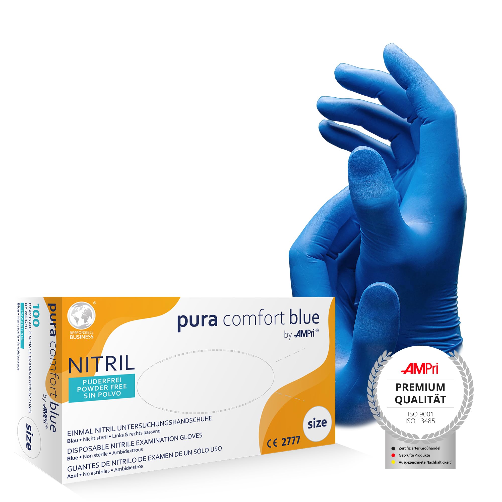 AMPRI Nitrilhandschuhe, blau, 100 Stück/Box, Größe XS, puderfrei, Puracomfort blue: Nitril Einmalhandschuhe, Einweghandschuhe in den Größen XS, S, M, 