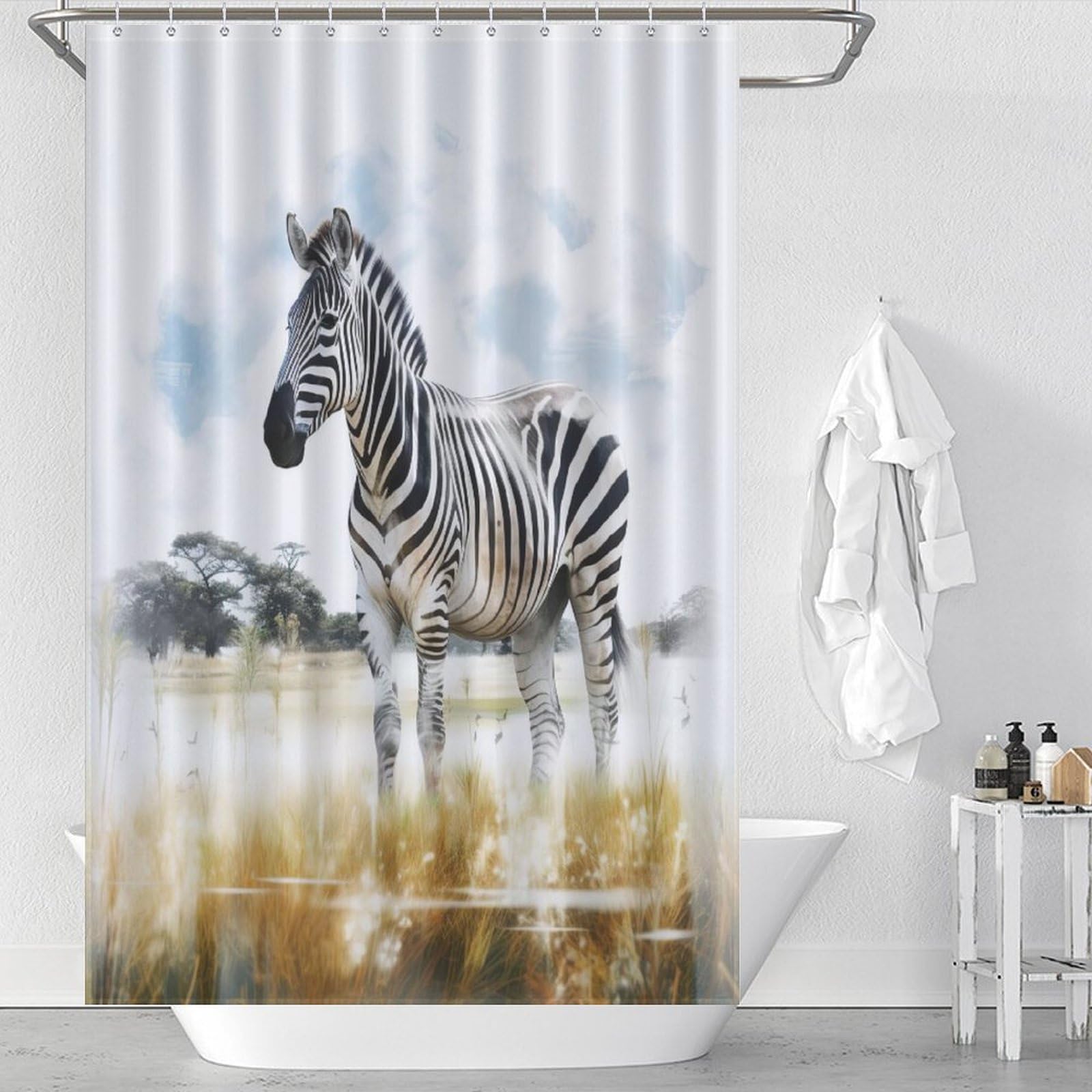 Rideau de douche zèbre imperméable 122x183cm pour baignoire propre sans éclaboussures