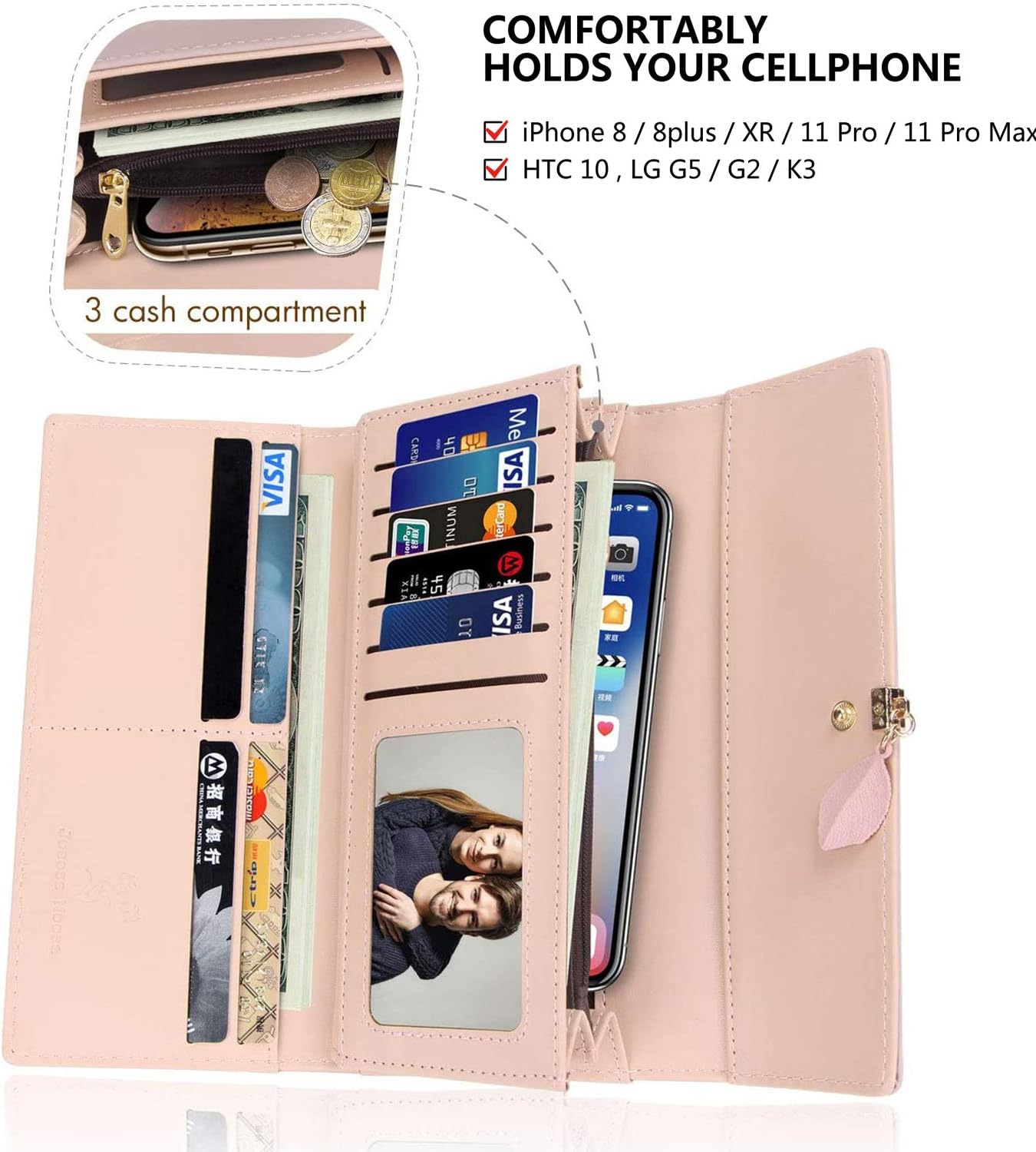 Roulens Wallet for Women RFID Blocking PU Leather Leaf Pendant Card Holder Phone Checkbook Organizer Zipper Coin Purse : Clothing, Shoes & Jewelry