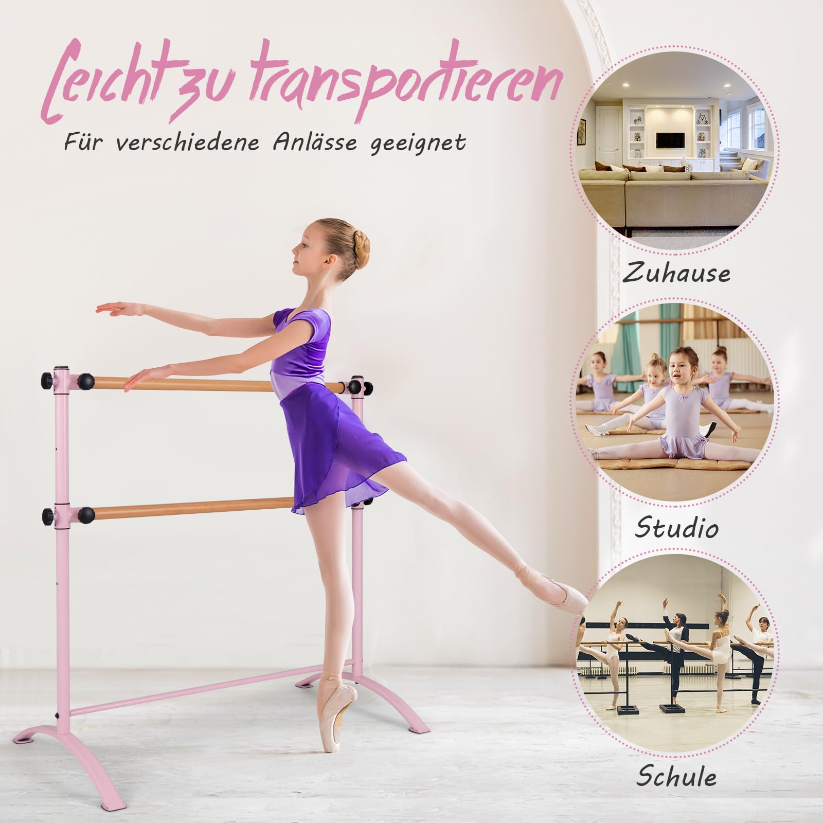 COSTWAY 120cm Ballettstange freistehend, Ballet Bar 4 stufig höhenverstellbar, Ballett Barre mit 2 Holzstangen, Stretch Barre bis 50KG belastbar, ideal für Kinder und Erwachsene